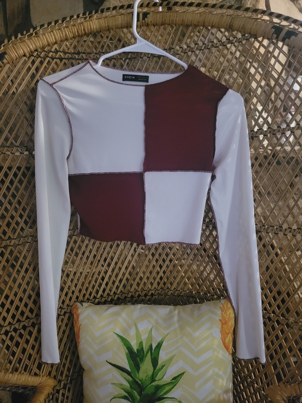 SHEIN Women’s Burgundy & White Patchwork Long-Sleeve Crop Top